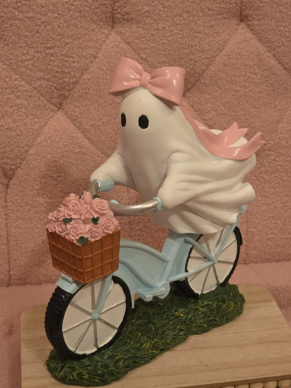 Pink Bow Ghost on Blue Bicycle Figurine with Flower Basket